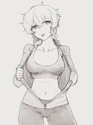  abs amane_suzuha bike_shorts braid breasts cheshigom collarbone commentary_request cowboy_shot female grey_hair hair_between_eyes highres looking_at_viewer medium_breasts medium_hair monochrome navel partially_open_jacket simple_background solo sports_bra steins;gate straight_on tongue twin_braids 