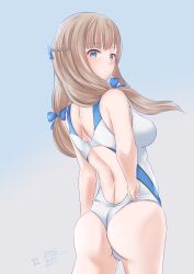  01021235 absurdres adjusting_clothes adjusting_swimsuit ass back back_cutout blue_background blue_bow blue_eyes blue_one-piece_swimsuit bow braid breasts clothing_cutout competition_swimsuit cowboy_shot female gradient_background grey_background hairbow highres kantai_collection large_breasts light_brown_hair long_hair looking_back low_twintails maryland_(kancolle) one-piece_swimsuit solo swimsuit twintails twisted_torso two-tone_swimsuit white_one-piece_swimsuit 