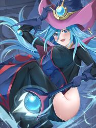  absurdres adjusting_clothes adjusting_headwear black_dress black_hat blue_eyes blue_gloves blue_hair blush breasts dress duel_monster female gloves hat highres hip_vent holding holding_wand large_breasts misakura_aoi official_alternate_color open_mouth silent_magician smile solo upper_body wand witch witch_hat yu-gi-oh! yu-gi-oh!_duel_monsters 