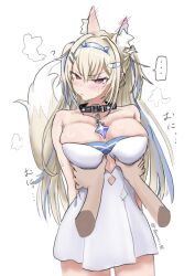  absurdres angry animal_ear_fluff animal_ears bandaid bandaid_hair_ornament black_collar blonde_hair blue_hair blush breasts cleavage collar dog_ears dog_girl dog_tail dress female fuwawa_abyssgard fuwawa_abyssgard_(1st_costume) grabbing grabbing_another&#039;s_breast hair_ornament hairpin highres hololive hololive_english large_breasts long_hair looking_at_viewer pink_eyes spiked_collar spikes tail toumasu96 two_side_up virtual_youtuber white_background white_dress 