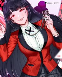  black_hair blazer blunt_bangs breasts card collared_shirt datli64 female highres hime_cut hyakkaou_academy_school_uniform jabami_yumeko jacket kakegurui large_breasts long_hair looking_at_viewer nail_polish patreon_username red_eyes red_jacket red_nails red_suit school_uniform shirt skirt smile solo suit suit_jacket upper_body white_shirt 