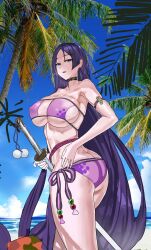  armlet ass bare_shoulders beach beads bikini breasts choker cleavage collarbone eyepatch_bikini fate/grand_order fate_(series) female highres katana large_breasts long_hair looking_at_viewer minamoto_no_raikou_(fate) minamoto_no_raikou_(swimsuit_lancer)_(fate) mogeuwuwuu open_mouth palm_tree parted_bangs purple_bikini purple_eyes purple_hair solo swimsuit sword thighs tree very_long_hair weapon 