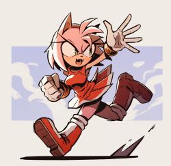  5_fingers amy_rose anthro boots breasts clothing eulipotyphlan female fingers footwear gloves green_eyes handwear hedgehog hi_res hoodedmask mammal open_mouth open_smile running sega simple_background smile solo sonic_the_hedgehog_(series) 