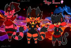  anthro black_body black_hair bone bottomwear breasts clothing evolution female generation_7_pokemon group hair heart_symbol hi_res incineroar lewdchuu_(artist) litten nintendo orange_eyes overalls pokemon pokemon_(species) red_body red_eyes red_hair skirt skull sweater taiga_(lewdchuu) topwear torracat trio 