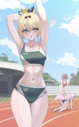  3girls ? absurdres ahoge all_fours alternate_costume animal_ears armpits arms_behind_head arms_up black_hairband blonde_hair blue_buruma blue_eyes blue_sky blue_sports_bra bow breasts buruma cleavage cloud commentary crossed_bangs dalcom day double-parted_bangs green_buruma green_eyes green_sports_bra gym_uniform hair_between_eyes hair_wings hairband hairbow hakui_koyori highres hololive kazama_iroha long_hair medium_breasts medium_hair multicolored_bow multiple_girls navel open_mouth outdoors pink_hair ponytail red_buruma red_sports_bra short_hair sky solo_focus sports_bikini sports_bra standing stomach stretching tail takane_lui track_and_field very_long_hair virtual_youtuber vomiting_rainbows wolf_ears wolf_girl wolf_tail worried 