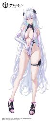  azur_lane bare_shoulders breasts copyright_name female gloves guchico hair_between_eyes highres kearsarge_(azur_lane) large_breasts leotard long_hair looking_at_viewer navel purple_eyes revealing_clothes simple_background solo very_long_hair white_background white_hair white_leotard 