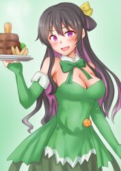  anti_(untea9) black_hair blush breasts broccoli carrot cowboy_shot detached_collar detached_sleeves dress female gradient_background green_background green_dress green_ribbons hair_ribbon hamburger_steak highres kantai_collection large_breasts long_hair looking_at_viewer multicolored_hair naganami_(kancolle) pink_hair plate potato ribbon smile solo strapless strapless_dress tray two-tone_hair waitress wavy_hair yellow_eyes 