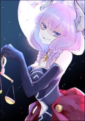  aka_mikan aura_(sousou_no_frieren) black_gloves blue_eyes breasts cleavage closed_mouth cowboy_shot demon_girl elbow_gloves female gloves highres horns looking_at_viewer moon night night_sky outdoors pink_hair sky smile solo sousou_no_frieren 