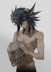  1boy animal_ears bare_arms bare_back bare_hips bare_legs bare_pectorals bare_shoulders black_hair blue_eyes completely_nude fudo_yusei hair_over_one_eye helmet highres holding holding_helmet looking_at_viewer male_focus mokopuru nude pectorals topless_male white_background yu-gi-oh! yu-gi-oh!_5d&#039;s 