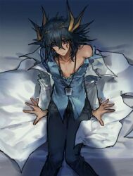  1boy bed bed_sheet black_hair black_pants blank_stare blue_eyes blue_shirt dress_shirt facial_tattoo fudo_yusei highres lab_coat lanyard looking_to_the_side looking_up male_focus mokopuru on_bed open_clothes open_shirt pants partially_undressed shadow shirt tattoo yu-gi-oh! yu-gi-oh!_5d&#039;s 