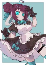  ahoge akubimtcat animal_ears apron aqua_background aqua_bow aqua_eyes aqua_trim arm_up back_bow black_dress black_gloves blue_thighhighs blunt_bangs border borrowed_character bow breasts brooch clenched_hand commission constricted_pupils cross-laced_clothes cross-laced_dress double_bun dress dress_bow droopy_ears dutch_angle empty_eyes female frilled_apron frilled_dress frilled_gloves frills gloves hair_bun hairbow hand_up highres jewelry large_breasts looking_to_the_side maid open_hand original outdoors parted_bangs parted_lips pigeon-toed puffy_short_sleeves puffy_sleeves rabbit_ears raised_eyebrows red_hair ribbon-trimmed_dress shading_eyes short_hair short_sleeves signature skeb_commission solo thigh_bow thigh_strap thighhighs three_quarter_view white_apron white_border 