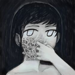  bare_shoulders black_background blending body_horror covering_own_mouth empty_eyes expressionless female ghostgods greyscale hand_on_own_face horror_(theme) jitome looking_at_viewer monochrome no_pupils open_hand original portrait short_hair solo surreal 