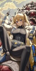  absurdres bandaid bandaid_on_cheek bandaid_on_face black_bodysuit blonde_hair blue_eyes bodysuit breasts coat female fur_trim gloves goddess_of_victory:_nikke highres laplace_(nikke) long_hair looking_at_viewer multiple_girls oerba_yun_fang open_mouth sidelocks silvertsuki smile solo twintails white_coat 