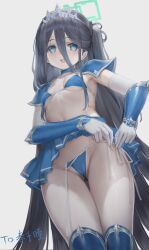  :d absurdres alternate_costume aris_(blue_archive) bikini black_hair blue_archive blue_bikini blue_choker blue_eyes blue_halo blue_skirt blush boots breasts choker clothes_lift crown diadem dressing elbow_gloves female from_below gloves hair_between_eyes halo happy highres hip_focus lifting_own_clothes lin_jingling long_hair looking_at_viewer looking_down midriff miniskirt navel pale_skin pleated_skirt presenting revealing_clothes side-tie_bikini_bottom skirt skirt_lift small_breasts smile solo swimsuit thigh_boots thigh_gap thighs tying tying_bikini tying_panties undressing untied_bikini_bottom untying very_long_hair white_gloves 