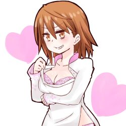  arm_under_breasts bra breasts brown_eyes brown_hair cleavage collared_dress commentary_request dress female grin hair_between_eyes hand_up heart i.u.y light_blush long_sleeves looking_at_viewer medium_bangs medium_breasts medium_hair misaka_worst open_clothes open_dress panties pink_bra pink_panties smile solo teeth toaru_majutsu_no_index toaru_majutsu_no_index:_new_testament underwear upper_body vietnamese_dress white_dress 