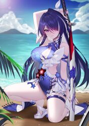  acheron_(honkai:_star_rail) alternate_breast_size arm_at_side arm_up bare_shoulders beach belt blue_sky breasts cleavage closed_mouth clothing_cutout cloud cloudy_sky commentary cosplay covered_navel eyes_visible_through_hair female flower hair_intakes hair_over_one_eye highres holding holding_sword holding_weapon honkai:_star_rail honkai_(series) honkai_impact_3rd large_breasts looking_at_viewer mountainous_horizon multicolored_hair nail_polish ocean on_one_knee one-piece_swimsuit purple_belt purple_eyes purple_hair purple_nails purple_one-piece_swimsuit raiden_mei raiden_mei_(herrscher_of_origin) raiden_mei_(herrscher_of_origin)_(cosplay) red_flower ribbon sand sandals scabbard scar scar_across_eye sheath sheathed side_cutout sky solo squatting streaked_hair swimsuit sword thigh_belt thigh_strap toeless_footwear toenail_polish toenails weapon white_ribbon wrist_ribbon wu_yao_jun 