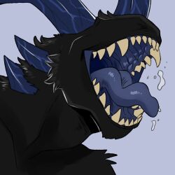  1:1 ambiguous_gender black_body black_fur blue_background blue_horn blue_tongue bodily_fluids dripping eyeless fur horn imperatorcaesar monotone_body monotone_fur mouth_shot neck_spikes neck_tuft open_mouth saliva saliva_drip simple_background solo species_request tan_teeth teeth tongue tuft 