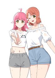  2girls absurdres ahoge blue_shorts blunt_bangs blunt_ends blush breasts closed_mouth collarbone commentary_request contrapposto grey_shorts hair_ornament hairclip hand_on_another&#039;s_hip highres looking_at_viewer love_live! love_live!_nijigasaki_high_school_idol_club medium_breasts medium_hair midriff multiple_girls navel one_eye_closed open_mouth orinasu pink_hair red_hair shirt short_hair short_shorts short_sleeves shorts standing sweat swept_bangs tennoji_rina uehara_ayumu upper_body v v-shaped_eyebrows white_background white_shirt yellow_eyes 