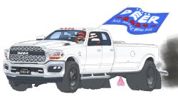  :3 antlers closed_mouth deer_antlers deer_girl dodge_(company) driving english_commentary female flag flagpole highres horns license_plate make_america_great_again motor_vehicle pickup_truck ram_pickup ricd0m shikanoko_noko shikanoko_nokonoko_koshitantan simple_background smoke solo sunglasses truck truck_nuts white_background 