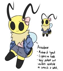  2022 annabee_(woebeeme) antennae_(anatomy) anthro arthropod arthropod_abdomen bee biped black_eyes bottomwear bow_ribbon bug_fables clothing english_text eyelashes fan_character female hands_in_both_pockets hymenopteran insect_wings insects jacket legwear looking_at_viewer model_sheet moonsprout_games neck_tuft simple_background skirt smile solo striped_body stripes text thigh_highs topwear tuft white_background wings woebeeme 