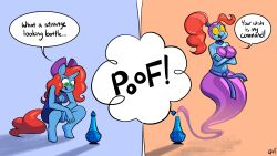  2018 absurd_res anthro before_and_after blue_body breasts crossed_arms crouching dialogue digital_media_(artwork) english_text equid equine female genie green_eyes hair hi_res horn lettuce_(artist) magic_lamp mammal mind_control mythological_creature mythological_equine mythology ponytail smile solo species_transformation spiral_eyes tail text transformation unicorn 