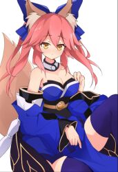  animal_ear_fluff animal_ears bare_shoulders blue_kimono blue_thighhighs bow breasts cleavage detached_sleeves fate/grand_order fate_(series) female fox_ears fox_girl fox_tail hair_ribbon japanese_clothes kimono large_breasts long_hair looking_at_viewer open_mouth pink_hair ribbon simple_background solo split_ponytail tail tamamo_(fate) tamamo_no_mae_(fate/extra) thighhighs xianyu_(pixiv9677779) yellow_eyes 