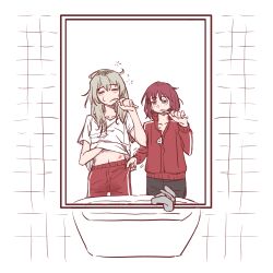  2girls =_= anjuro_zeeku bite_mark bite_mark_on_neck black_shorts blue_eyes brown_hair brushing_teeth closed_eyes closed_mouth clothes_tug commentary girls_band_cry grey_hair hair_down hand_under_clothes hand_under_shirt hickey highres iseri_nina jacket kawaragi_momoka long_hair long_sleeves midriff mirror multicolored_hair multiple_girls red_jacket red_shorts roots_(hair) shirt short_hair short_sleeves shorts sink sleepy squeans white_shirt yuri 