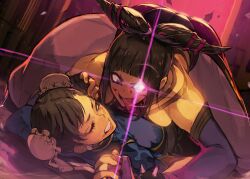  2girls black_hair blunt_bangs bun_cover chun-li clenched_teeth commentary double_bun english_commentary fingerless_gloves gloves glowing glowing_eyes hair_bun hide_(hideout) highres juri_han looking_at_viewer lying multicolored_hair multiple_girls on_back one_eye_closed pink_eyes pink_hair pink_nails streaked_hair street_fighter teeth tongue tongue_out two-tone_hair yuri 