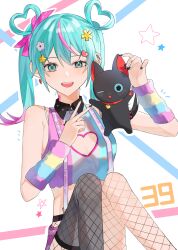  39 :d absurdres animal aqua_eyes aqua_hair asymmetrical_legwear bare_shoulders black_cat black_collar black_nails black_thighhighs blue_shirt bow breasts cleavage_cutout clothing_cutout collar commentary crop_top deco_miku detached_sleeves ear_piercing feline female fishnet_pantyhose fishnet_thighhighs fishnets hair_bun hair_ornament hairbow hairpin hand_up hatsune_miku heart heart_cutout heart_hair_bun heart_hair_ornament highres hinano_(hino_0o0o) holding holding_animal holding_cat looking_at_viewer medium_hair midriff mismatched_legwear multicolored_hair one_eye_closed open_mouth pantyhose piercing pink_bow pink_hair purple_shirt purple_skirt shirt sitting skirt sleeveless sleeveless_shirt smile solo star_(symbol) star_hair_ornament suspenders thighhighs twintails two-tone_hair v vocaloid white_background 