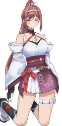  absurdres breasts chest_jewel core_crystal_(xenoblade) criss-cross_halter female glimmer_(xenoblade) hairband halterneck high_ponytail highres japanese_clothes kimono kneeling red_hair simple_background solo swept_bangs two-tone_hairband white_kimono xenoblade_chronicles_(series) xenoblade_chronicles_3 xenoblade_chronicles_3:_future_redeemed yamame_012 yellow_eyes 