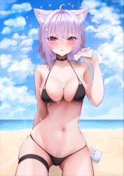  ahoge animal_ear_fluff animal_ears bare_shoulders beach bikini black_bikini blush breasts cat_ears cat_girl cloud collarbone commentary_request cowboy_shot female galileoningyo_e hair_between_eyes heart highres holding hololive large_breasts lotion medium_hair navel nekomata_okayu ocean open_mouth purple_eyes purple_hair sand skindentation sky solo suggestive_fluid sunscreen sweat swimsuit thigh_strap trembling virtual_youtuber water 