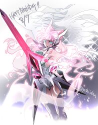  breasts female hair_between_eyes headgear highres holding holding_sword holding_weapon huge_breasts large_breasts long_hair maria_cadenzavna_eve mecha_musume open_mouth pink_hair senki_zesshou_symphogear solo sword tagme very_long_hair weapon wings x-drive_(symphogear) yoshii_dan 