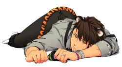  1boy animal_ears black_pants bracelet brown_hair closed_mouth full_body grey_shirt jewelry kaburagi_t._kotetsu kemonomimi_mode looking_at_viewer lying male_focus okonon_(kado_colda) pants ring shirt short_hair simple_background solo suspenders tail tiger_&amp;_bunny tiger_boy tiger_ears tiger_tail watch white_background wristwatch yellow_eyes 