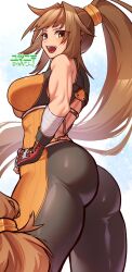  ass bandages bodysuit brown_hair dnf_duel dungeon_and_fighter female fighter_(dungeon_and_fighter) from_behind gloves high_ponytail highres hmnt_frog long_hair muscular muscular_female orange_bodysuit ponytail solo striker_(dungeon_and_fighter) twitter_username two-tone_eyes very_long_hair yellow_eyes 