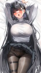  arm_over_head arms_up black_hair black_pantyhose black_skirt blue_archive blush breasts bright_pupils comiket comiket_104 commentary_request dakimakura_(medium) female grey_shirt hair_ornament hairclip highres kawai_(purplrpouni) large_breasts long_hair looking_at_viewer open_mouth pantyhose pleated_skirt red_eyes rio_(blue_archive) shirt skirt solo sweater teeth turtleneck turtleneck_sweater upper_teeth_only very_long_hair white_pupils white_sweater 