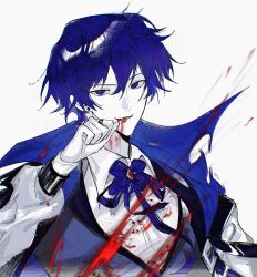  1boy absurdres blood blood_spray blue_eyes blue_hair blue_ribbon blue_vest brooch chinese_commentary collared_shirt commentary_request earrings hair_between_eyes highres jewelry kaito_(vocaloid) long_sleeves male_focus mystical_high_collar neck_ribbon open_mouth puffy_long_sleeves puffy_sleeves red_brooch red_pupils ribbon ring ruina_(ruinrain) shirt short_hair simple_background smile solo stud_earrings upper_body vampire vest vocaloid white_background white_shirt 