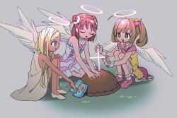  3girls ahoge angel angel_wings blonde_hair blue_eyes bobby_socks brown_hair closed_eyes commentary_request cross detached_collar dirt double_bun dress food_wrapper glowing glowing_cross glowing_halo grave green_eyes grey_background hair_bobbles hair_bun hair_ornament hair_scrunchie halo idolmaster idolmaster_cinderella_girls jacket kneeling layla_(idolmaster) long_hair looking_at_another medium_hair multicolored_clothes multicolored_skirt multiple_girls munakata_atsumi necktie off_shoulder open_mouth pink_footwear pink_skirt sato_shin scrunchie shoes short_necktie side_up_bun simple_background skirt sleeveless sleeveless_dress sleeveless_jacket smile socks spaghetti_strap squatting twintails white_dress white_footwear white_socks wings wrist_cuffs yawarakai_inu yellow_jacket yellow_skirt 