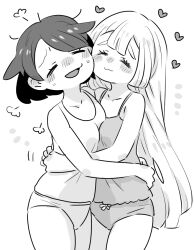  2girls amagaeru_(amapippi052525) blush braid commentary_request face-to-face greyscale heart hug lillie_(pokemon) long_hair monochrome multiple_girls panties pokemon pokemon_sm selene_(pokemon) short_hair twin_braids underwear yuri 