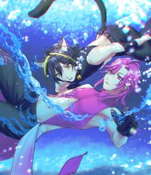  2boys animal_ears bell black_hair cat_boy cat_ears cat_tail cetacean_tail commentary_request fins fish_tail highres hira_kawae jingle_bell male_focus multiple_boys pink_hair shibuya_aoi_(tokyo_mew_mew) swimming tail tokyo_mew_mew tokyo_mew_mew_ole! underwater yoyogi_shizuka 