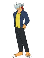  anthro anthrofied bandai_namco barefoot bottomwear clothed clothing digimon digimon_(species) feet fully_clothed fuze hi_res jacket male pants shirt simple_background solo topwear wargreymon white_background 