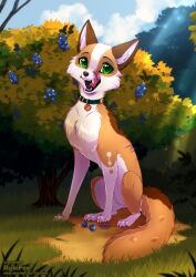  ambiguous_gender berry canid canine collar feral food fox fruit green_eyes hi_res licking licking_lips mammal outside plant quaid_(vixvalikvey) rukifox shrub sitting solo tongue 