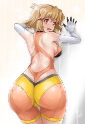  against_wall anus anus_peek ass bare_shoulders blush bodysuit breasts brown_eyes brown_hair butt_crack female hair_ornament hairclip leotard looking_at_viewer looking_back medium_breasts open_mouth r-binon senki_zesshou_symphogear short_hair sideboob solo straight tachibana_hibiki_(symphogear) 