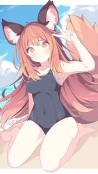  animal_ear_fluff animal_ears arm_up bare_arms bare_legs bare_shoulders barefoot beach black_one-piece_swimsuit blue_sky blush breasts brown_eyes brown_hair closed_mouth cloud commentary covered_navel daidai_ookami day female highres horizon long_hair looking_at_viewer medium_breasts ocean on_ground one-piece_swimsuit orange_eyes orange_hair original outdoors sand school_swimsuit sky smile solo swimsuit tail v very_long_hair water 