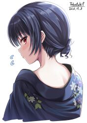  absurdres blue_hair blue_kimono blunt_bangs blush commentary_request female from_behind hair_bun highres idolmaster idolmaster_shiny_colors japanese_clothes kimono looking_back morino_rinze nape red_eyes short_hair simple_background single_side_bun solo takatsuki_p upper_body white_background 