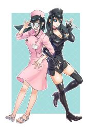  2girls black_dress black_footwear black_gloves black_hair black_sclera blue_background blue_eyes boots border breasts carly_nagisa cleavage colored_sclera dress dual_persona elbow_gloves fingerless_gloves full_body gloves hat holding holding_syringe izapara locked_arms medium_breasts multiple_girls nurse nurse_cap pink_dress short_dress syringe thigh_boots white_border yu-gi-oh! yu-gi-oh!_5d&#039;s 