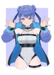  absurdres bare_shoulders blue_eyes blue_hair blue_jacket breasts cameltoe chest_belt double_bun duel_monster evil_twin_lil-la female geunal hair_bun hands_up highres jacket lil-la_(yu-gi-oh!) official_alternate_costume thigh_strap yu-gi-oh! 