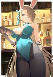  absurdres animal_ears aqua_eyes aqua_leotard aqua_ribbon arm_behind_back asuna_(blue_archive) asuna_(bunny)_(blue_archive) bar_(place) black_pantyhose blue_archive bottle breasts chinese_commentary commentary_request covered_navel cowboy_shot cup detached_collar drinking_glass fake_animal_ears female gloves grin hair_over_one_eye hair_ribbon highleg highleg_leotard highres holding holding_plate indoors kongtoulaotou large_breasts leotard light_brown_hair long_hair looking_at_viewer official_alternate_costume one_eye_covered pantyhose plate playboy_bunny rabbit_ears ribbon smile solo strapless strapless_leotard thighband_pantyhose very_long_hair wet white_gloves wine_bottle wine_glass 