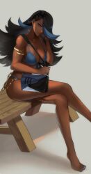  alternate_costume alternate_hairstyle armlet bad_anatomy bag barefoot between_breasts big_hair bikini black_bag black_hair blue_bikini blue_eyes blue_eyeshadow blue_hair blue_nails braid breasts chain_belt cleavage crossed_legs dark-skinned_female dark_skin earrings eyeshadow fashion feet feet_out_of_frame female front-tie_bikini_top front-tie_top full_body hair_over_one_eye hand_in_own_hair handbag highres hoop_earrings jewelry large_breasts long_hair looking_at_viewer makeup multicolored_hair nail_polish pokemon pokemon_oras shelly_(pokemon) shoulder_bag sitting smile strap_between_breasts swimsuit team_aqua toenails tommy_(kingdukeee) two-tone_hair white_background 