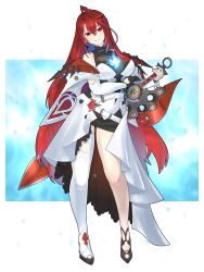  absurdres ahoge blue_fire breasts dress elizabeth_rose_bloodflame female fire full_body greatsword highres hololive hololive_english huge_ahoge huge_weapon large_breasts long_hair looking_at_viewer morningpanda open_mouth red_eyes red_hair smile solo sword thorn_(elizabeth_rose_bloodflame) very_long_hair virtual_youtuber weapon white_dress 