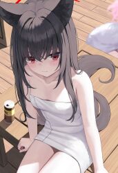  2girls absurdres animal_ear_fluff animal_ears black_hair blue_archive blush breasts can closed_mouth collarbone cowboy_shot fox_ears hair_between_eyes halo highres kurone_(kurone_ryuo) long_hair looking_at_viewer multiple_girls naked_towel red_eyes red_halo sitting small_breasts solo_focus towel white_towel yukino_(blue_archive) 